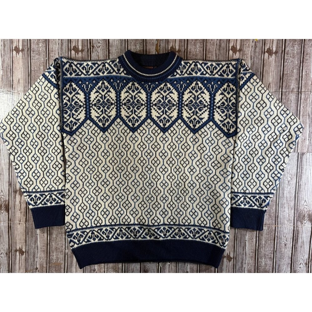 Christiania Norway Knit Wool Sweater Pullover size XL color Blue Ivory VTG